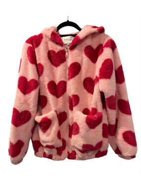 Tyler Pink Red Heart Fuzzy Fleece Zip Up Hoodie Jacket Oversized Y2K Cozy Small